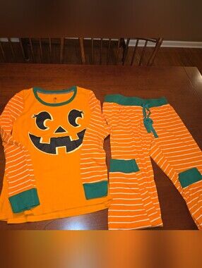 Women's Small Orange Striped Pumpkin Face Pajama Set